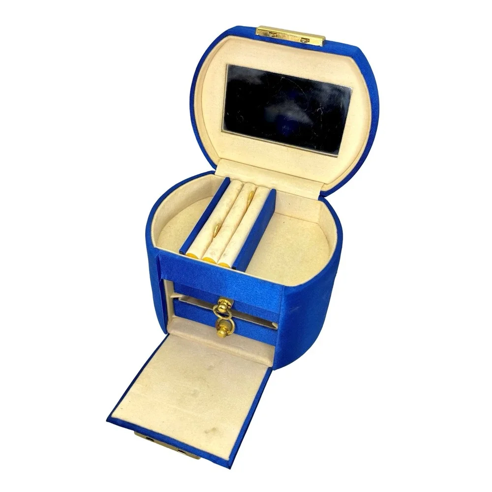 Vintage Blue Travel Jewelry Box Case w/ Mirror Drawers‎ & Keys Gold Hardware